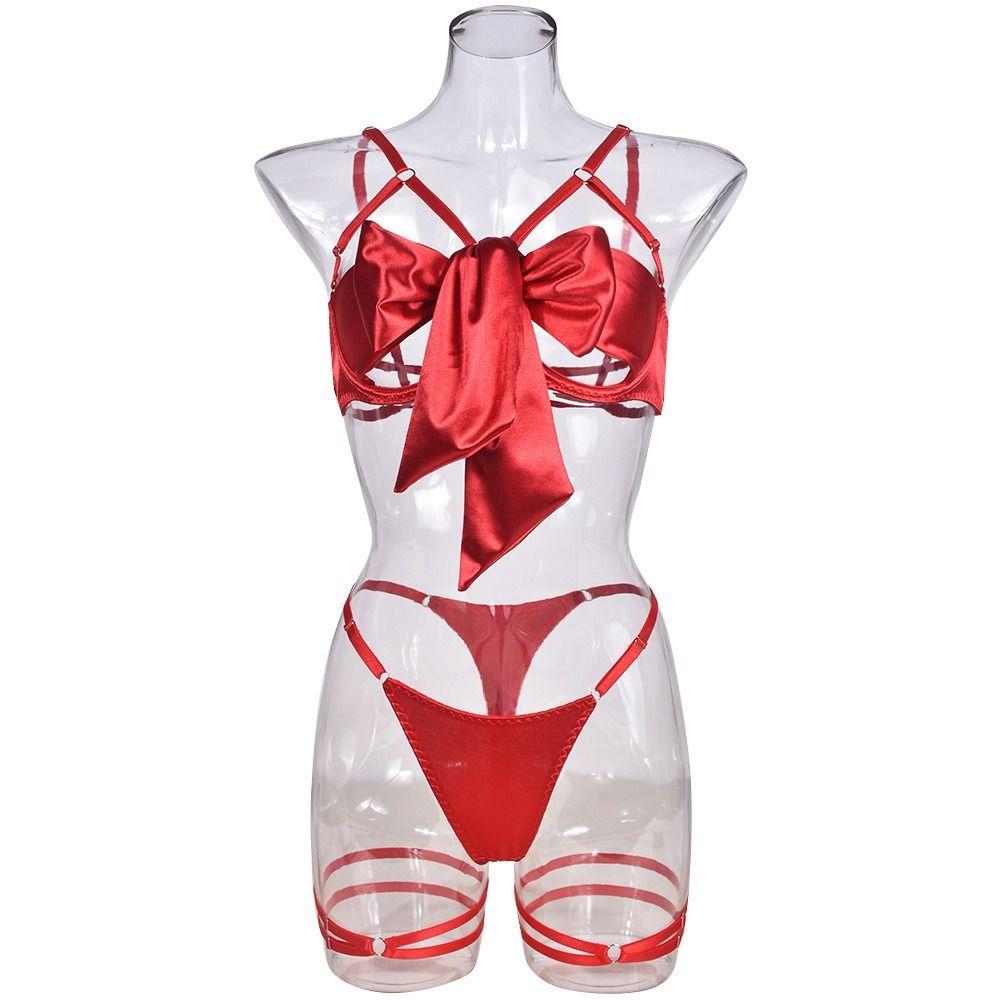 Hollow Out Underwear Three Piece Set Bow Women Lingerie Set Comfortable Satin Silk Bra Suit  Home