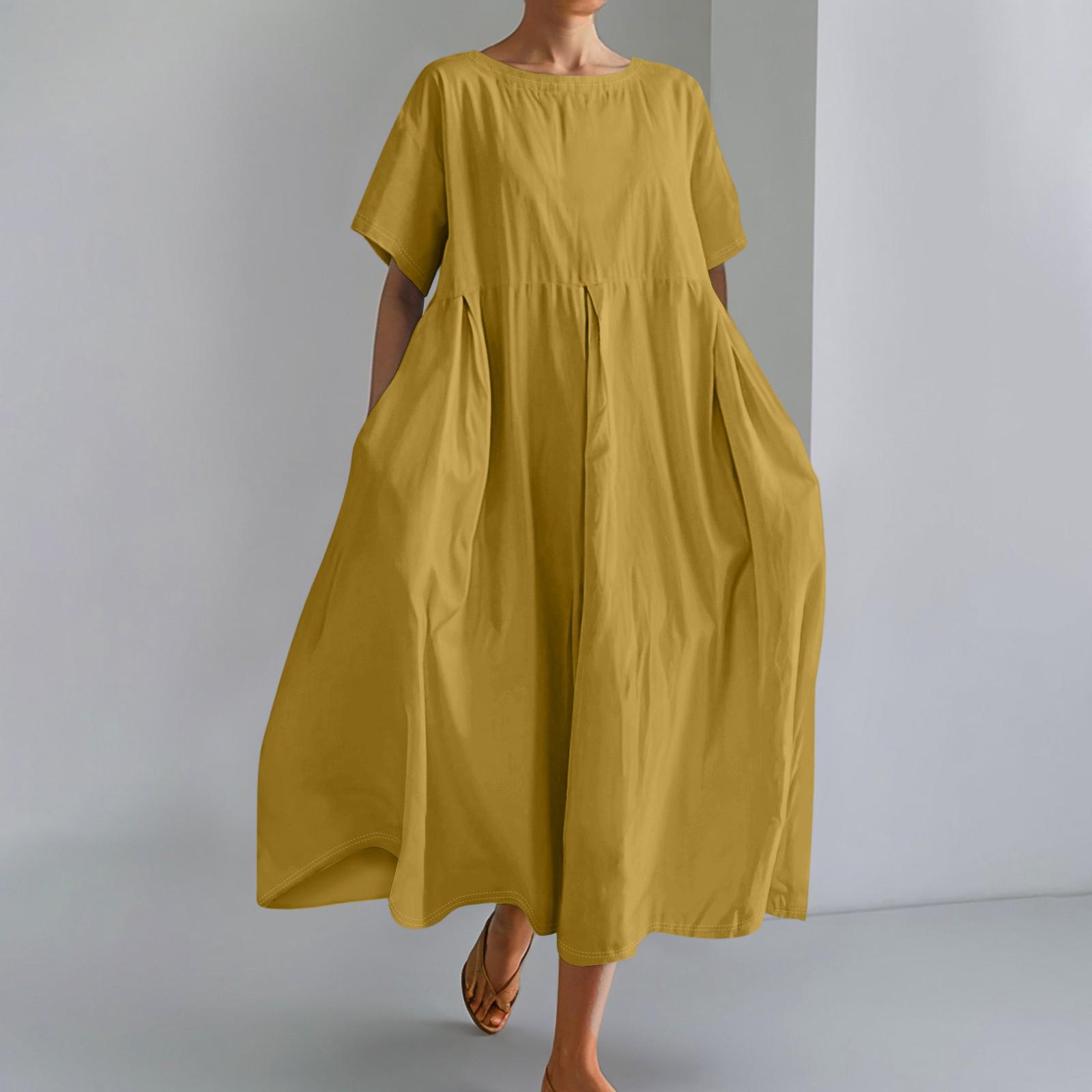 

Women s Color Fashionable Casual Cotton And Linen Loose Round Neck Short Sleeved Dress XL жовтий