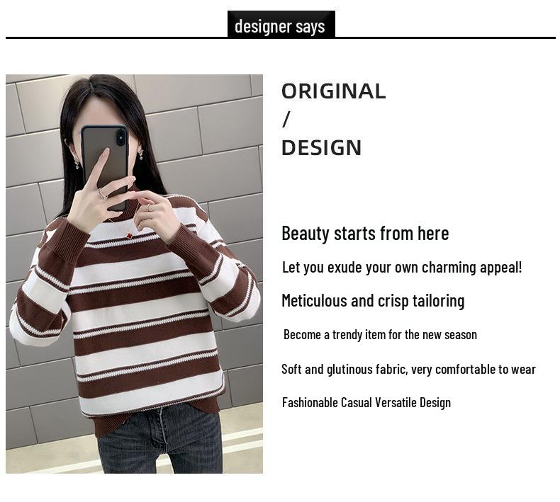Women's Stylish Striped Loose Sweater - Thickened Half-High Collar Base Layer for Autumn/Winter