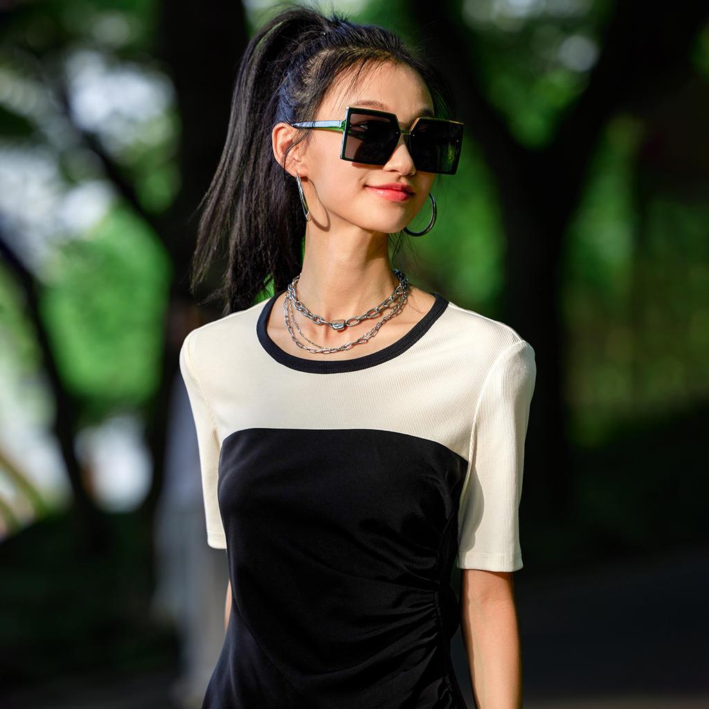French Style Spliced Waist Cinching Short-Sleeved Dress