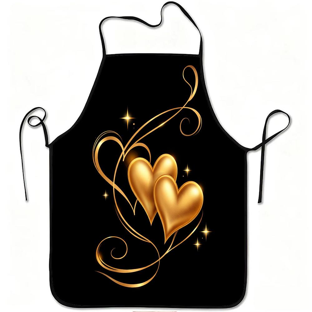 1pc Golden Hearts Luxury Design Print Apron, Durable And Easy to Clean, Adjustable Waistband, Polyester Material, for Kitchen Cooking, Gardening, Orch