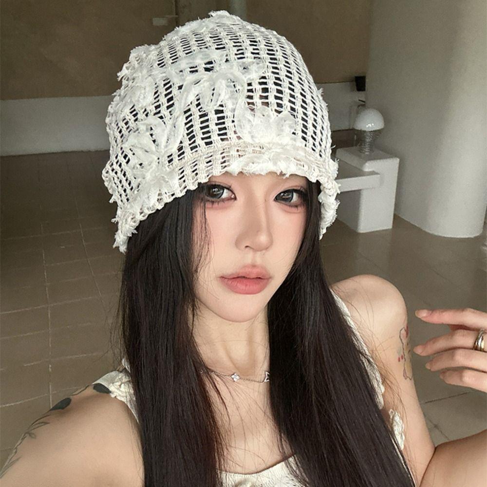Handmade Lace Beanies Hat Hollow Out Weave Cap Fashion Crochet Flower Hat  Spring and Summer