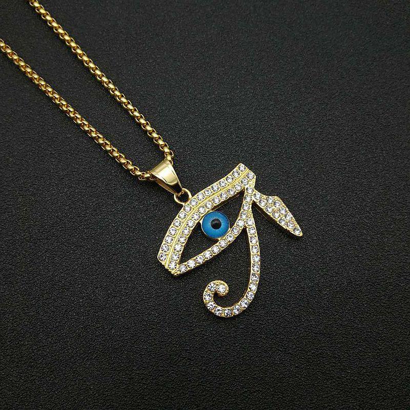 Pendentif Œil d'Horus Bling Glacé Égyptien Couleur Or Acier Inoxydable Amulette Charme Collier pour Hommes Bijoux Cadeau Égypte Ancienne