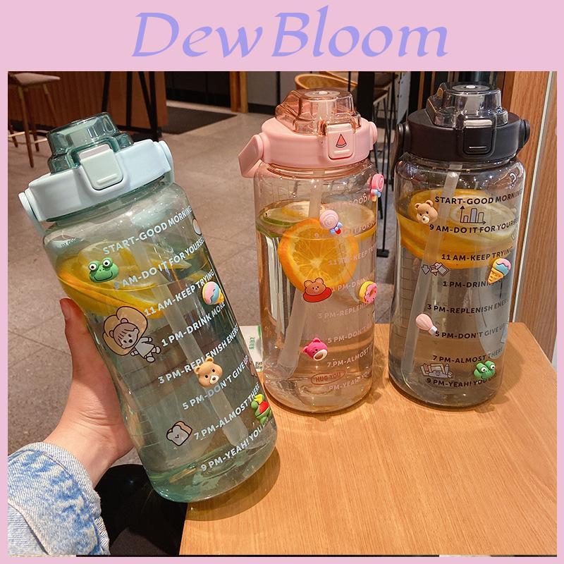 Large Capacity 2l Sports Straw Water Bottle With Time Marker And Fun Stickers