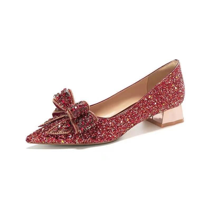 Large Wedding Shoes Bridal Women's High Heels New Crystal Glitter Wedding Coarse Heels Pointed Women's Pump