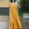 Vestido Maxi de Algodón y Lino de Verano para Mujer, Vintage Artístico de Color Sólido con Cuello Redondo de Manga Corta Holgado Talla Grande Casual Largo