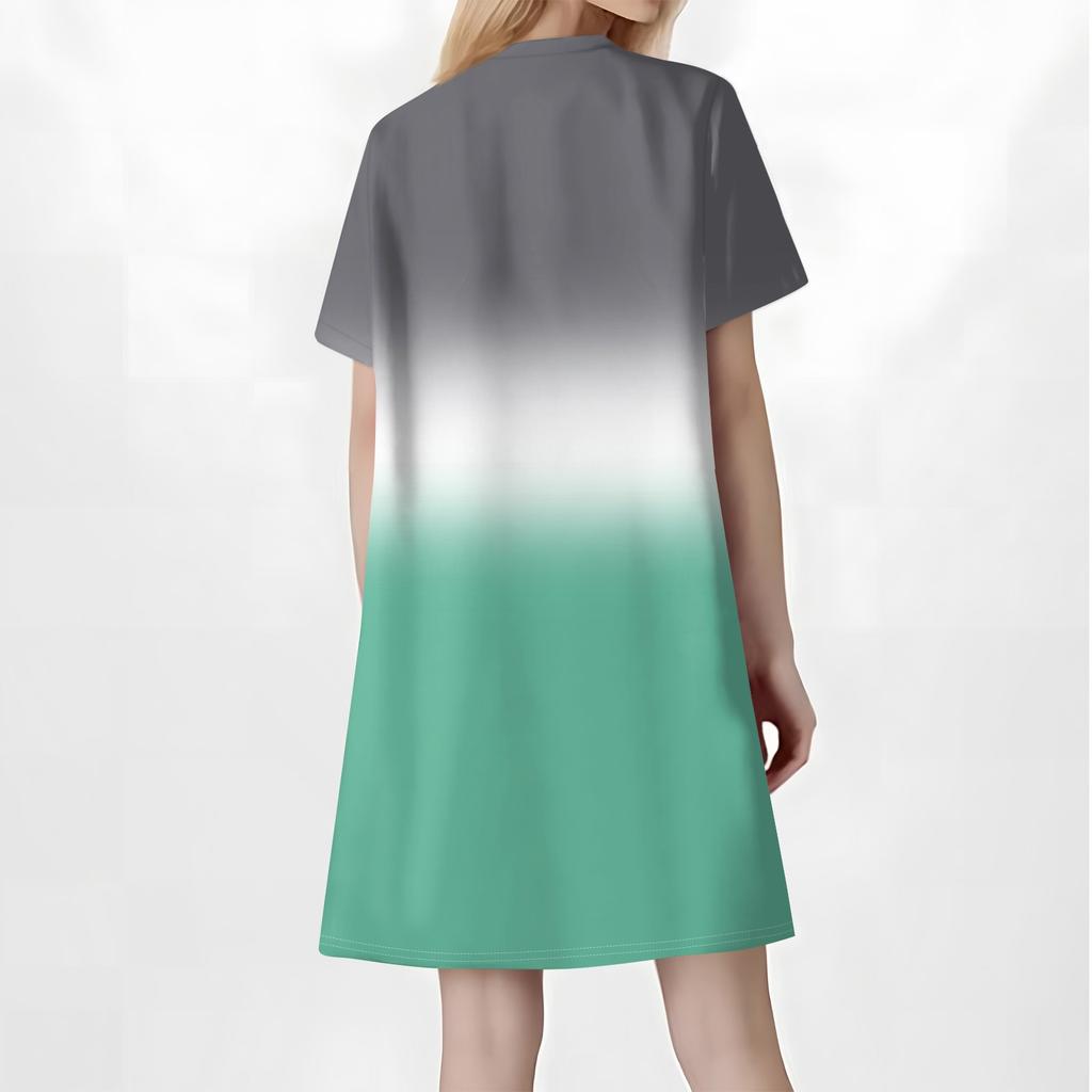Women Fashion Casual V-neck Short Sleeve Button Gradient Print Dress