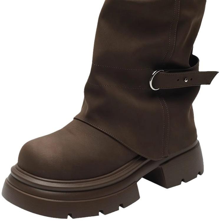 Soft Leather Version~ Trouser Boots Women's 2025 Early Autumn New Fashion Popular Foreign Style Retro Thick Heel Fried Street Locomotive Boots