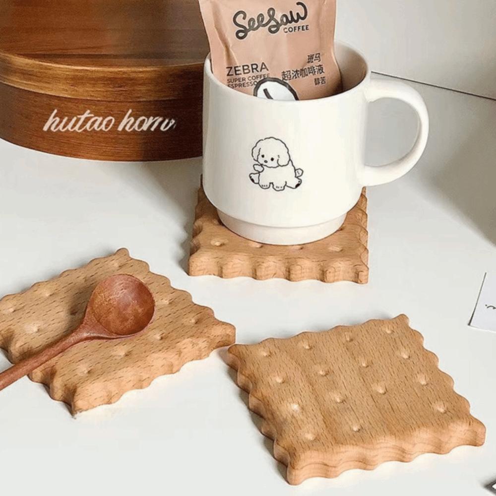Round Solid Wood Cookie Coasters Biscuit Shape Heat Resistant Wooden Coaster Non-Slip Tea Cup Mat for Tea Milk Drink