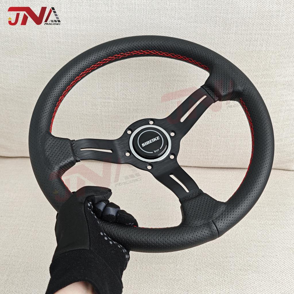14inch 350mm Aluminum Spoke Perforated Leather Auto Racing Steering Wheel Deep Corn Drifting Sport Steering Wheel Red Line