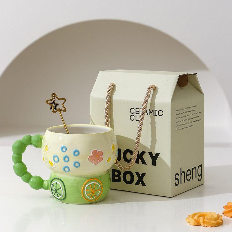 Hand-painted Relief Gourd Ceramic Cup Aesthetic Value, Breakfast Large Capacity, Cute Oatmeal Mug, Home Drinking Wate Drinkware