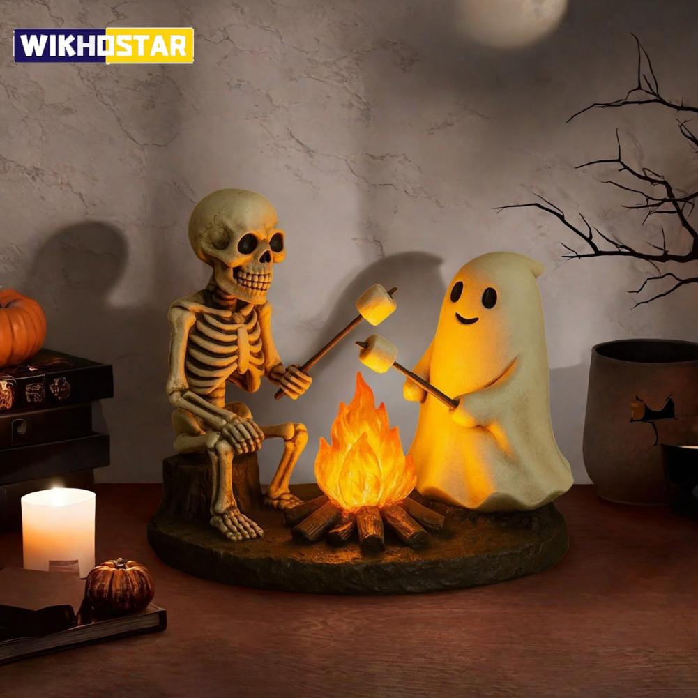 Skeleton Ghost Bonfire Night Lamp Halloween Roasting Marshmallow Ghost Statue Fake Campfire Lamp Home Party Bedroom Decoration