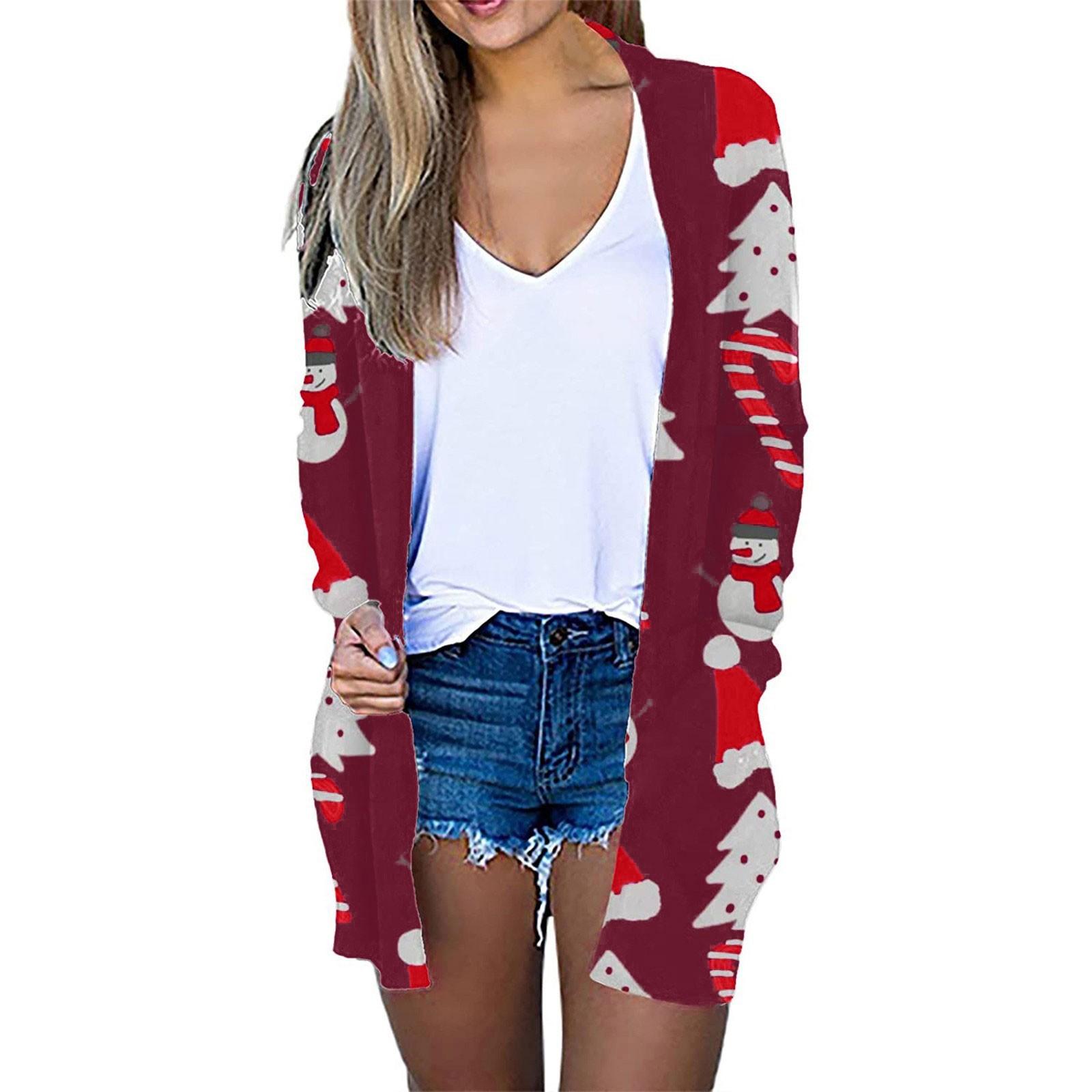 

Женский рождественский кардиган с длинными рукавами и принтом, легкая куртка XXXXXL винный