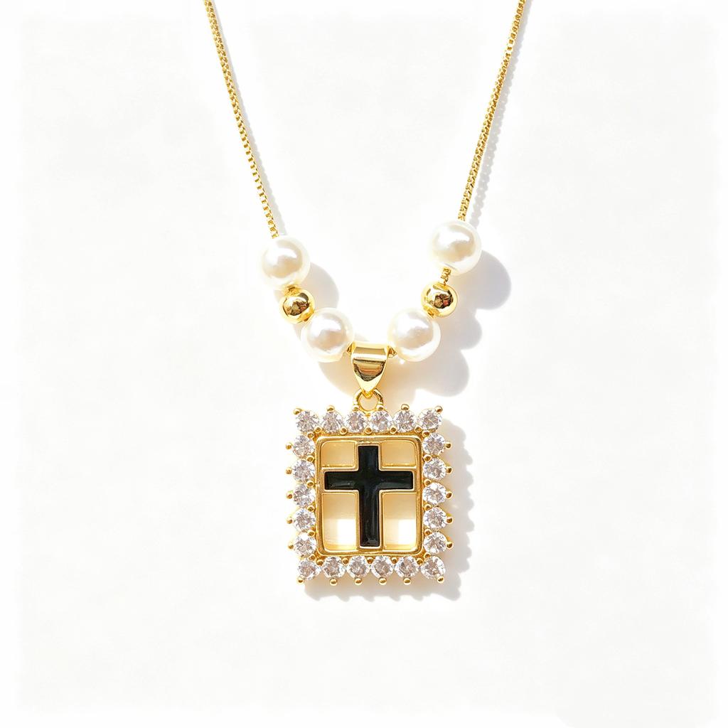 White Black Red Enamel Art Cross Zirconia Pendant Necklace: New Fashion for Women Party Pearl Chain Choker Religious Prayer Gift