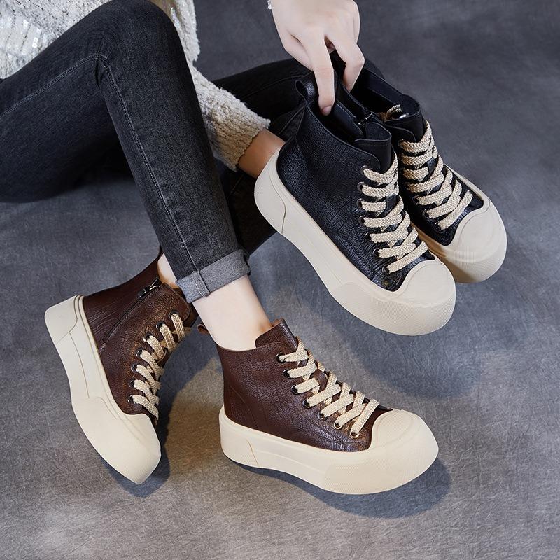 Fashion 5CM 2024 Spring Autumn Chunky Platform Ankle Boots Women Genuine Leather Lace-Up Zipper High Top Thick Sole Casual Board Shoes