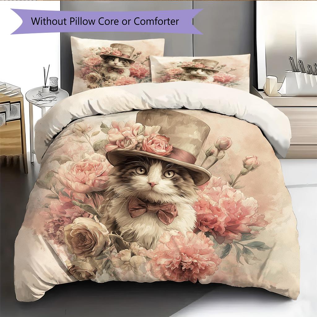 Set Copripiumino Trapuntato con Fantasia Gatto con Cappello Vintage Decorazione per la Casa Regalo (1 * copripiumino + 2 * federa, senza nucleo)