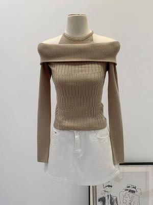 Dziewczęcy dwuczęściowy dzianinowy sweter w stylu off-shoulder - Damski jesienny wyszczuplający top