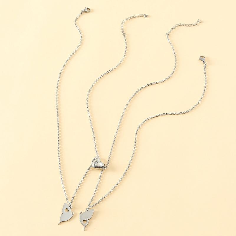2Pcs Stainless Steel for Butterfly Pendant Necklace European American Personality Friendship Card Heart-shaped Necklace