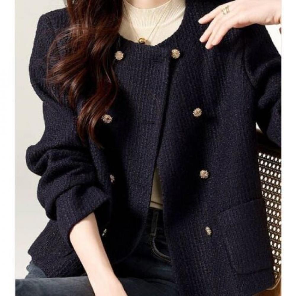 Rellawear Women Black Gold Button Double Breasted Tweed Jacket Rjy250901