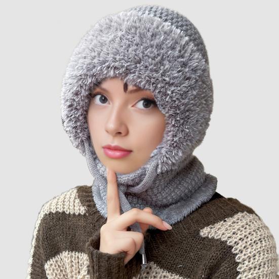 Gestrickte Kopfbedeckung Einfarbig 3-in-1 Damen Strickmütze Schal Gesichtsschutz Winddicht Skifahren Wandern Fleecegefüttert Winter Stirnband