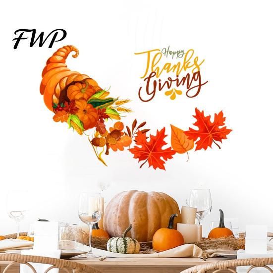 Autumn Harvest Wall Decals Festival Stickers for Thanksgiving Decor, PVC Cornucopia Pumpkins And Maple Leaves Decals, Festive Art Peel Stick