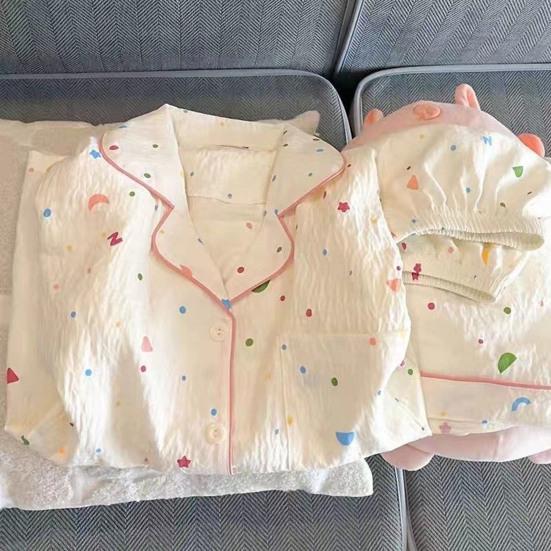 Damen-Pyjama-Set Niedliches Muster Langarm-Oberteil mit Knöpfen Und Weite Hosen