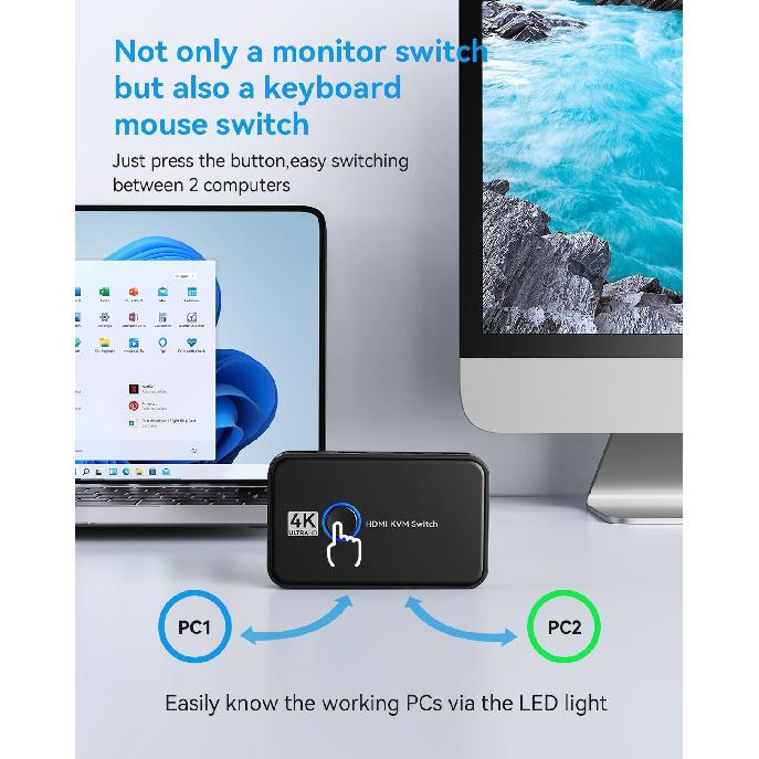 KVM Switch HDMI for 2 Computers Sharing One HD Monitor, Keyboard, and Mouse - Support 4K@60Hz, 2 HDMI Cables, 2 USB Cables, 1 USB C Charge Cable