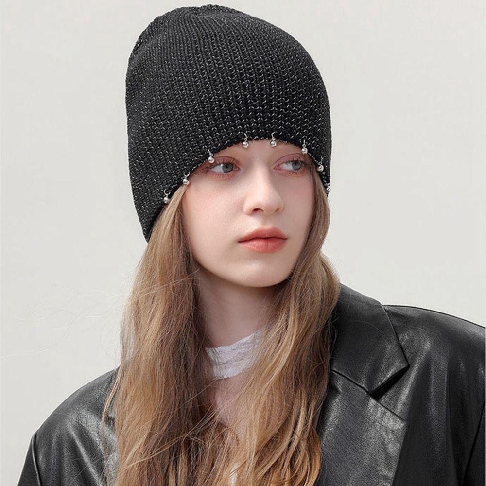 

Черная вязаная шапка с пайетками, декоративные бусины для ногтей, вязаная шапка в стиле ретро, осенние шапки-бини чёрный