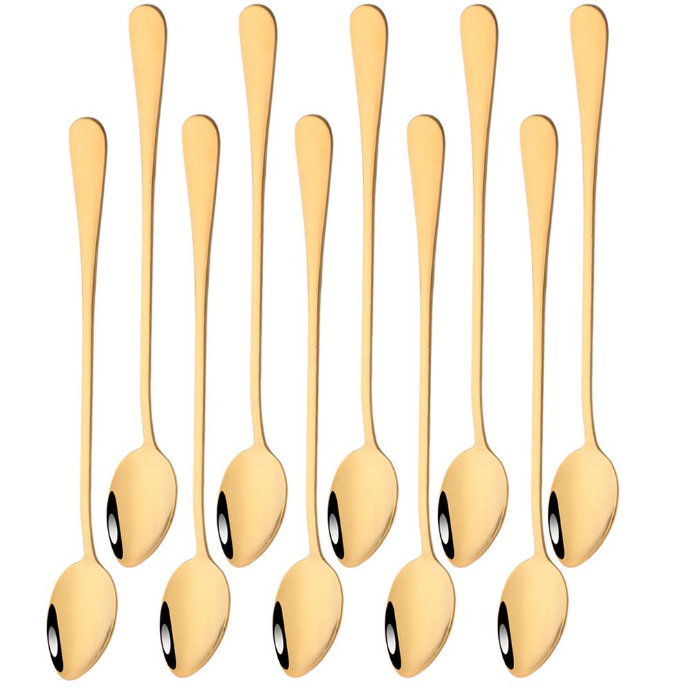 10Pcs Black Coffee Spoon Eco-Friendly Stainless Steel  Tea Stir Spoon Tableware Long Handle Ice Cream Dessert Spoons Kitchen Supplies