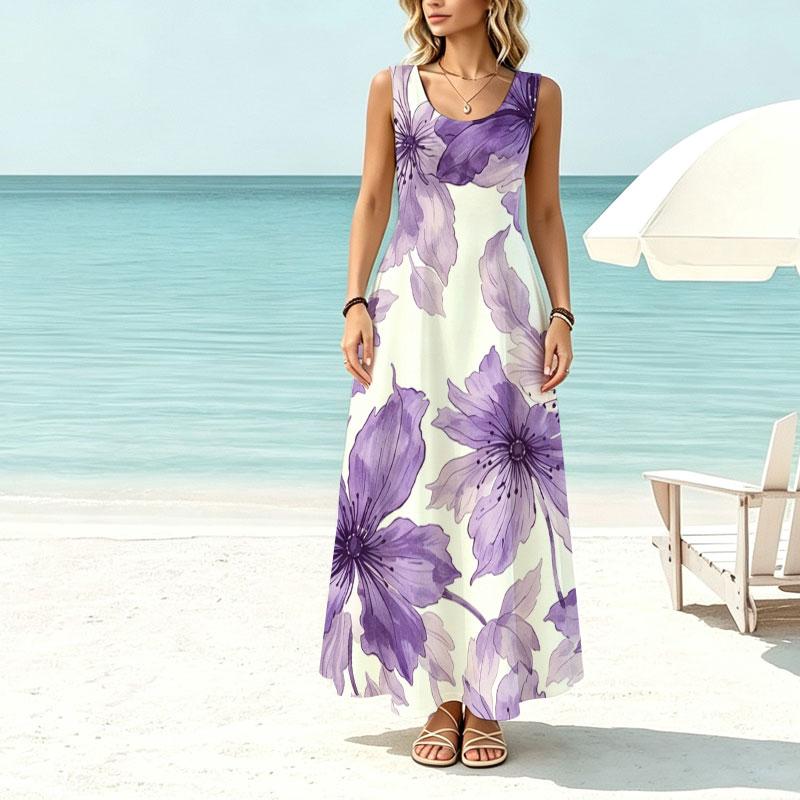 Summer Bohemian Big Floral Lightweight Sleeveless Flowy Maxi Dress for Beach Vacation Casual Wear