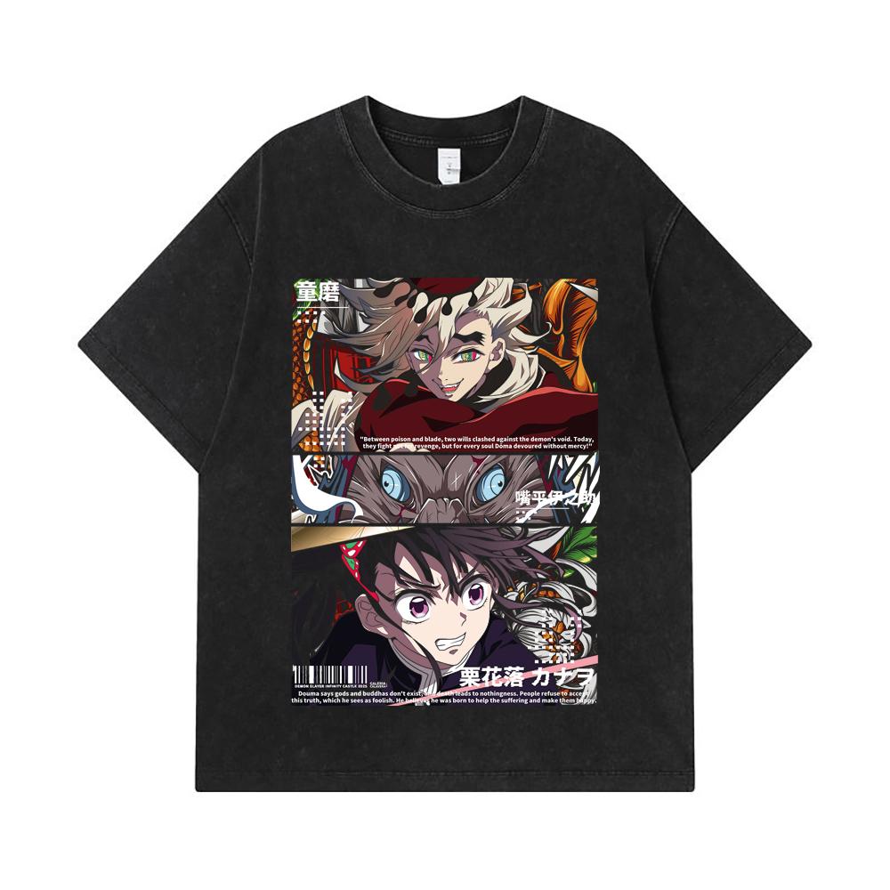 275 GSM Washed T-shirts 100% Cotton Demon Slayer V30 Kanao x Doma Print Unisex Heavy Cotton T Shirt
