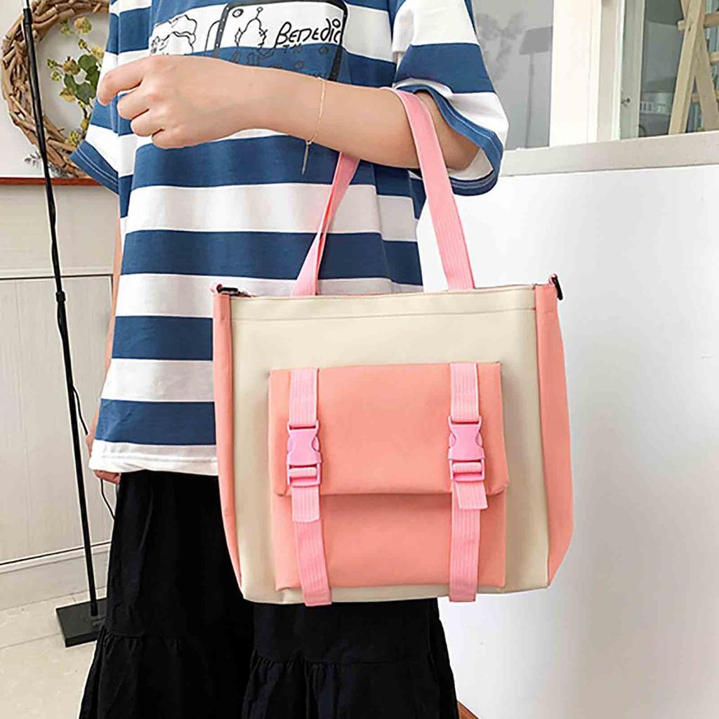 5Pcs School Bags Set Large Capacity Shoulder Bag Stationery Bag Coin Purse Canvas Student Bags Set for Boys Girls Pink