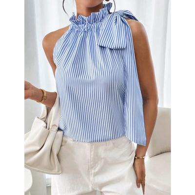 Fashionable Sleeveless Striped Lace High-neck Knot-tied T-shirt Top