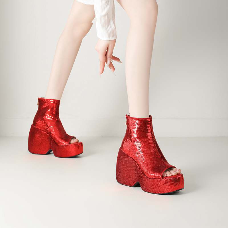 Krazing Pot Sequin Cloth Spring Summer Size 43 Size 42 Women Platform Women Peep Toe Toe Sexy Summer Boots Zipper Thick Bottom Pumps