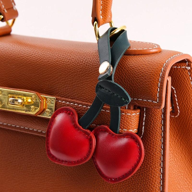 Creative Cherry Keychain Leather Fruit Double Heart Key Chain Pendant Bag Ornament Accessories for Car Key Bag Purse