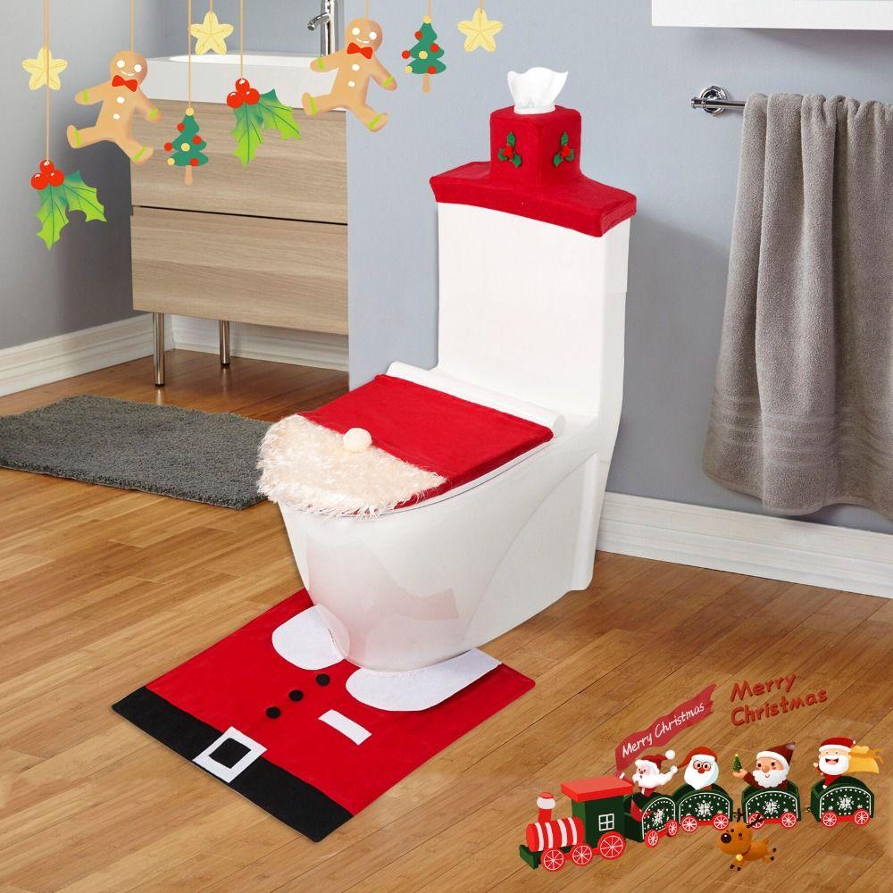 Polyester Christmas Toilet Lid Cover DIY Bathroom Mat New Toilet Cover Set New Year