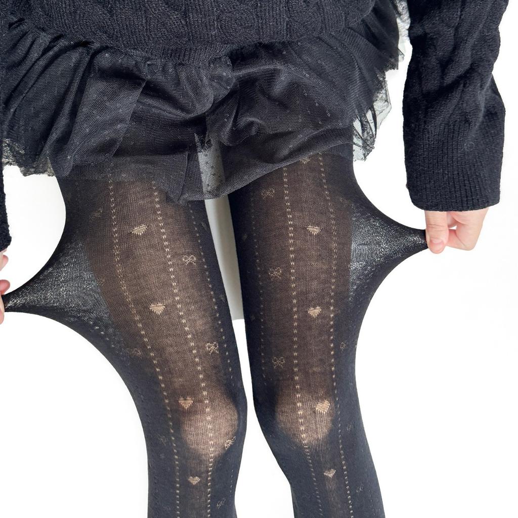 Gray Love Bow Hollow Dark Pattern Jacquard Pantyhose Spring and Autumn Leggings with Boots Vertical Pattern Micro-transparent Socks