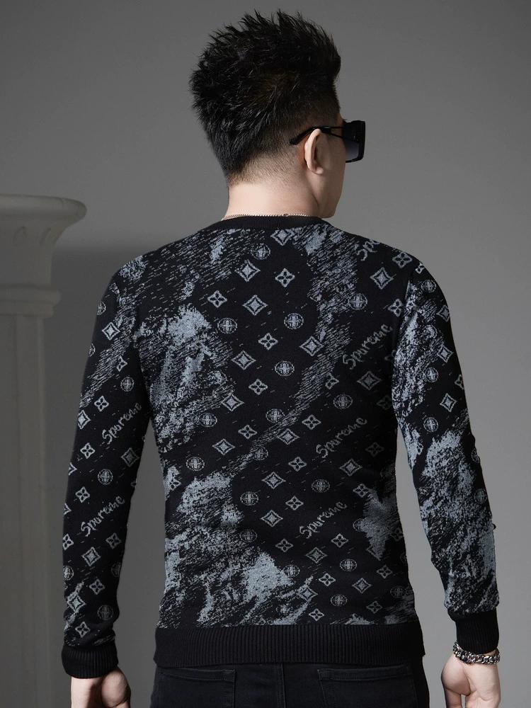 European Goods 2025 Autumn and Winter New Casual Knitwear Men's Round Neck Trendy Brand Printed Knitwear Long-Sleeved Knitwear for Men