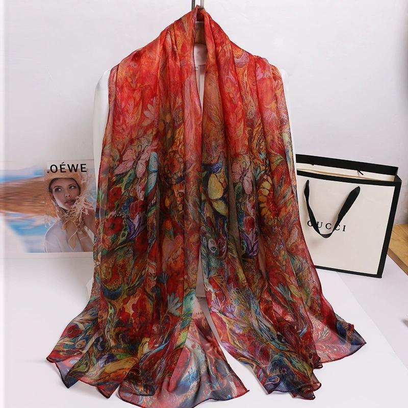 Spring Summer 100% Silk Scarf Shawl Hijab Wrap Women Long Thin Flower Beach Scarves 180*110cm