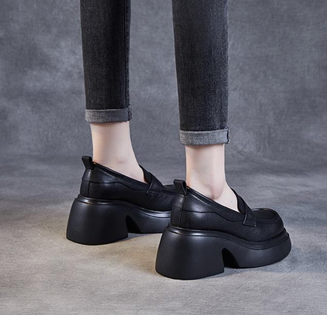 Fashion 7.5CM Genuine Leather Shoes Cow Thick Soled Women Moccasins Mary Jane British Platform Wedge Comfy Rubber Slip on Spring Summer