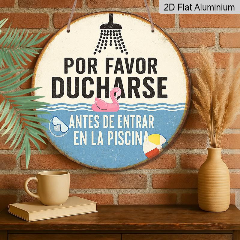 2D Flat, 1pc 2D Flat, Round Spanish Aluminum Sign, "Please Shower Before Entering The Pool" Vintage Decorative Plaque, Pool Rule Reminder Sign, Ideal