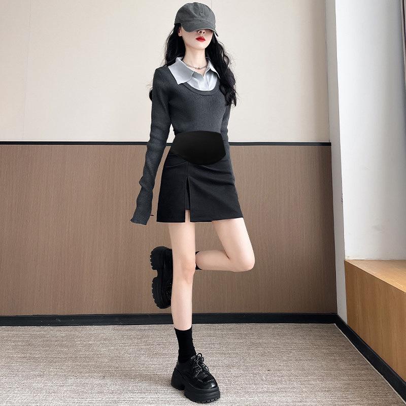 2026 Autumn/Winter Maternity Wool A-Line Midi Skirt - Thick, Slimming, Hip-Hugging with Slit XL