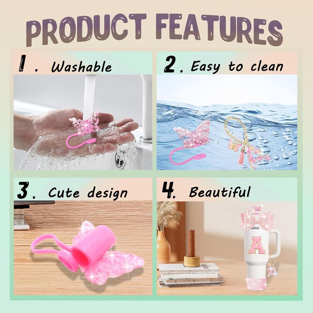 Set 8 buc Accesorii pentru Cană pentru Pahar Stanley 30oz 40oz Topper Paie Capac Acoperiș Boot, Dop Antivărsare Charm Autocolant Inițiale