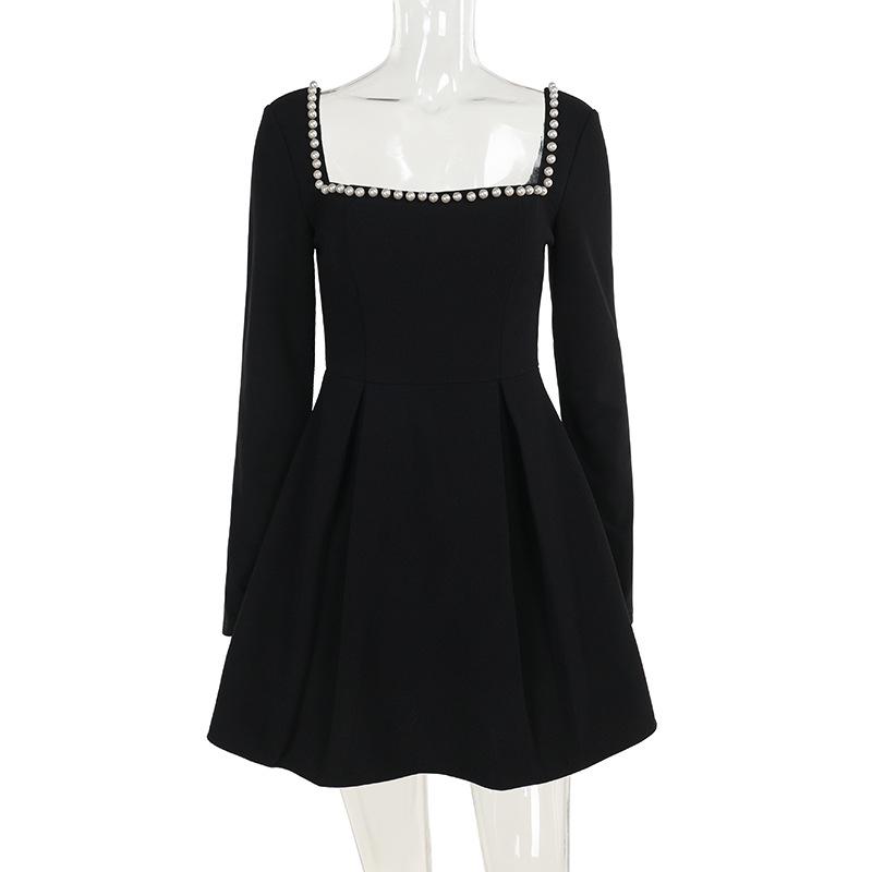 Autumn Bag Hip Dress Fashion Temperament Slim Pearl Square Collar Dress Woman