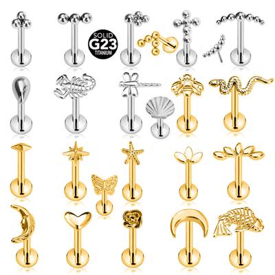 ASTM F136 G23 Titan Had Včela Kapka Bezzávitový Piercing Měsíc Kříž Push in Labret Stud Květina Listový Špendlík Daith Conch Náušnice 16G
