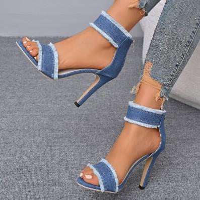 High-Heel-Sandalen für Damen im Sommer 2026 mit schmalen Absätzen und Baidu-Denim-Cut-outs. Fischmund sexy römische Schuhe für Damen