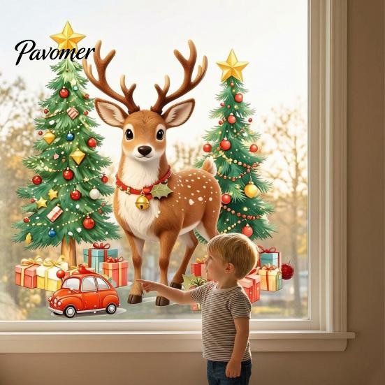 PVC Window Sticker 1/2 Sheets Christmas Reindeer Cling, Elk Tree Car Gift Box Glass Stickers Static Sticker, Waterproof Decal, Xmas Party Supplies