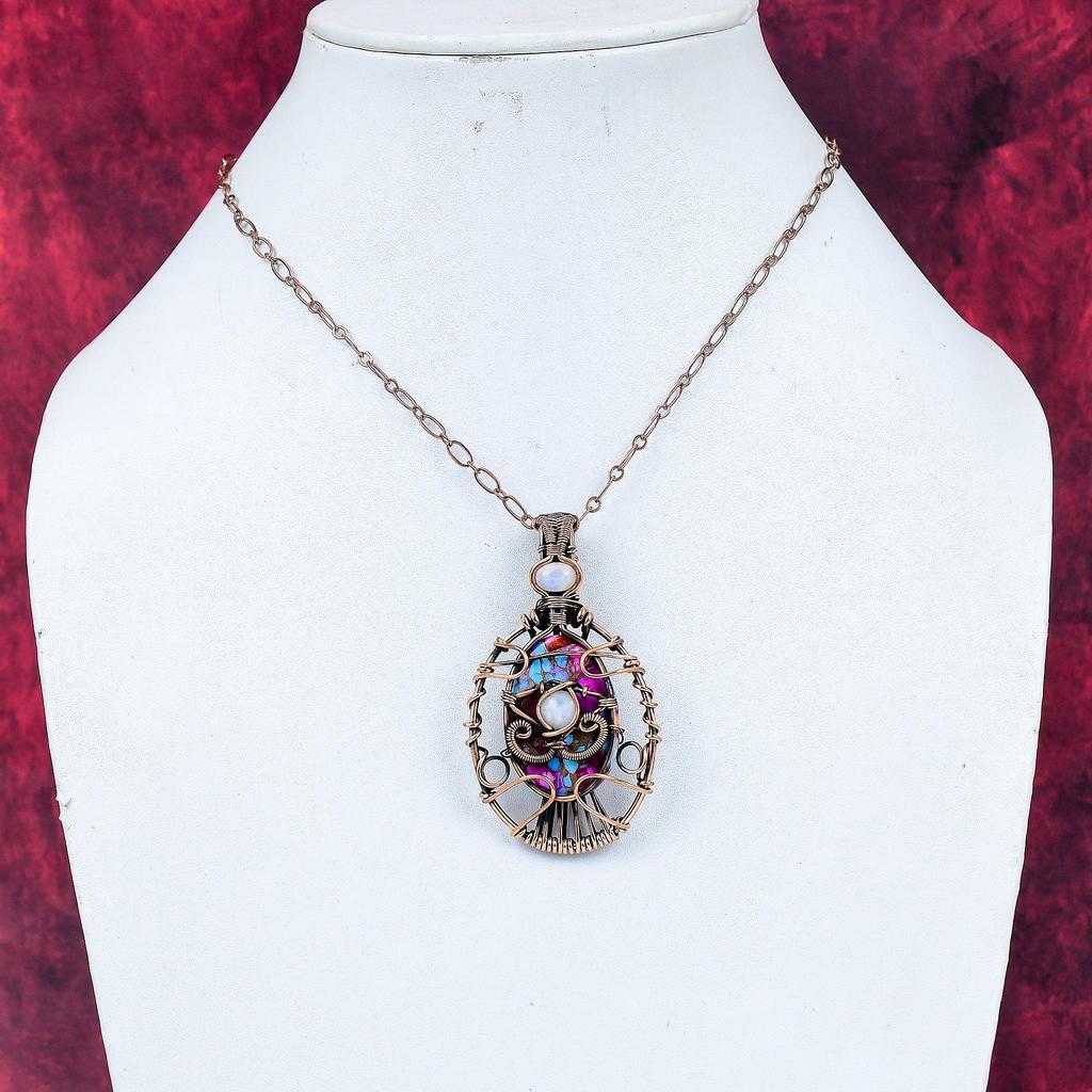Evil Eye Natural Kingman Pink Dahlia Turquoise Pendant Copper Wire Wrap Jewelry