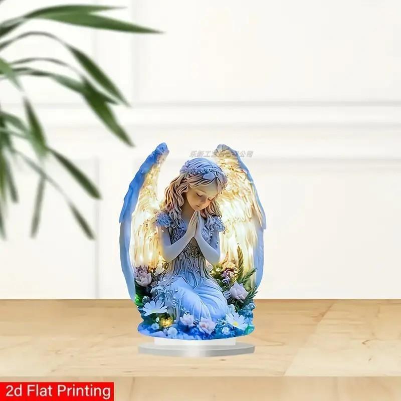 2D Flat Praying Angel Acrylic Sign, Floral Angel Figurine Table Ornament, Home Desktop Decorative Gift