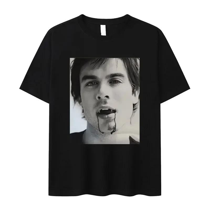 Damon Salvatore Ian Somerhalder TV-Drama Muster T-Shirt für Damen Retro Gothic Mode Übergroßes T-Shirt für Damen Streetwear
